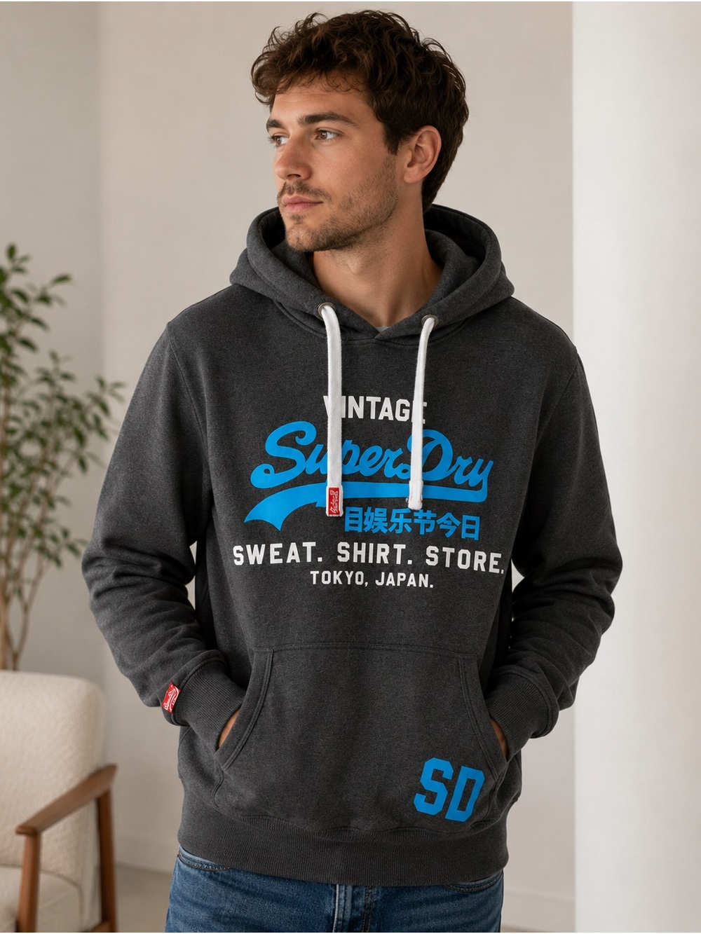 Superdry Charcoal Hoodie with Bright Blue Logo